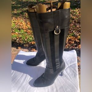 Black Leather Knee High Tapered Heel Boots W Suede Accent And Metal Loop COACH